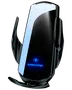 Elegant svart trådlös laddare med automatiska grepparmar, LED-indikator och texten "Wireless charger". För bilbruk, håller och laddar smartphones säkert.