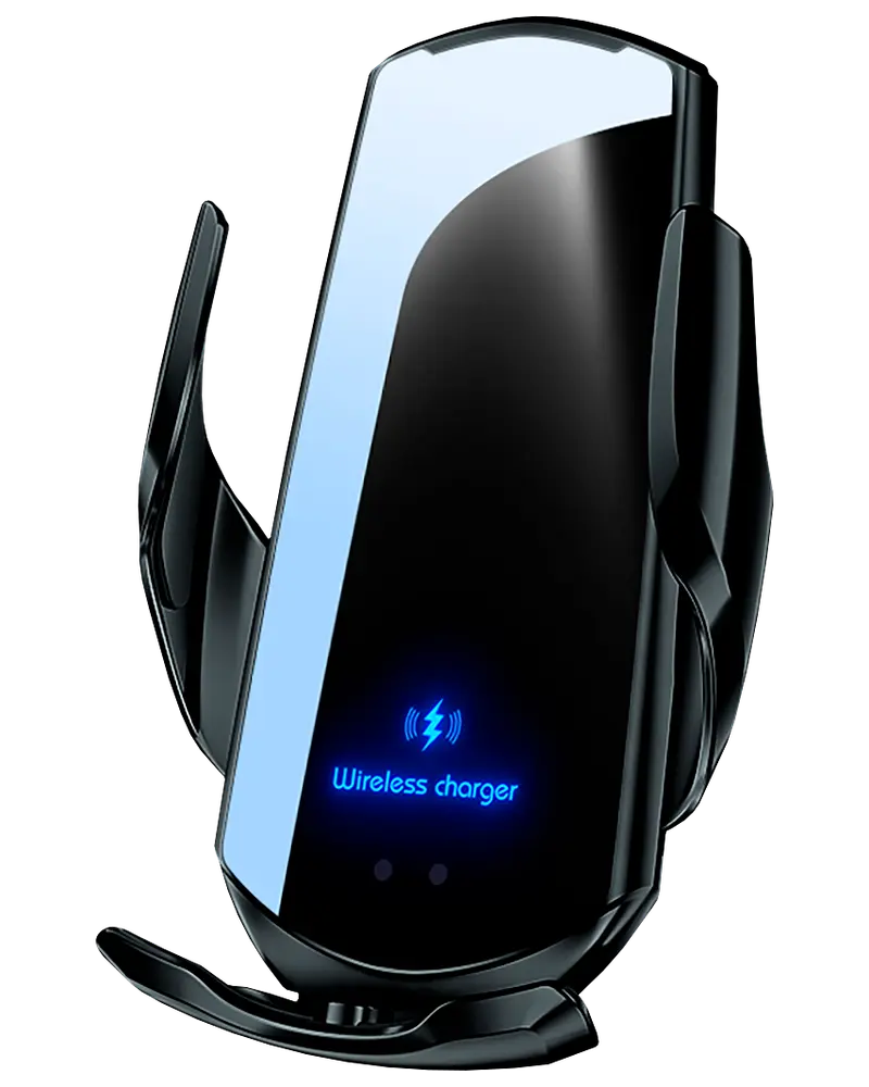 Elegant svart trådlös laddare med automatiska grepparmar, LED-indikator och texten "Wireless charger". För bilbruk, håller och laddar smartphones säkert.