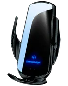 Elegant sort trådløs oplader med automatiske greb, LED-indikator og teksten "Wireless charger". Til bilbrug, holder og oplader smartphones sikkert og effektivt.