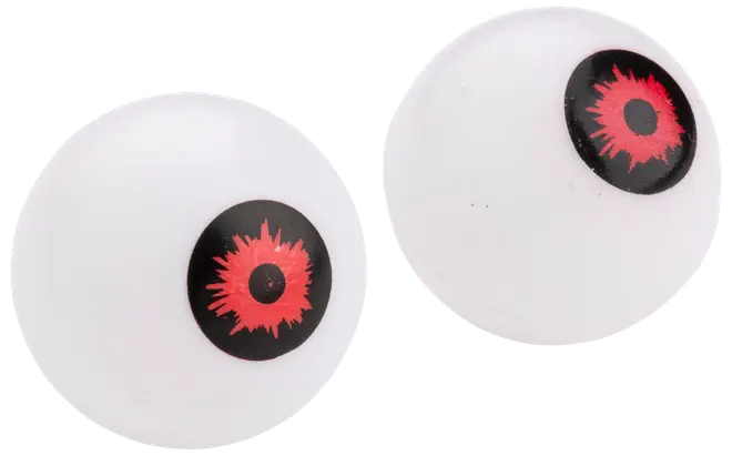 Par vita plastögon med svart och röd iris, taggig röd design. Perfekta för Halloween-dekorationer, pyssel eller skämtartiklar. Runda och lätta.