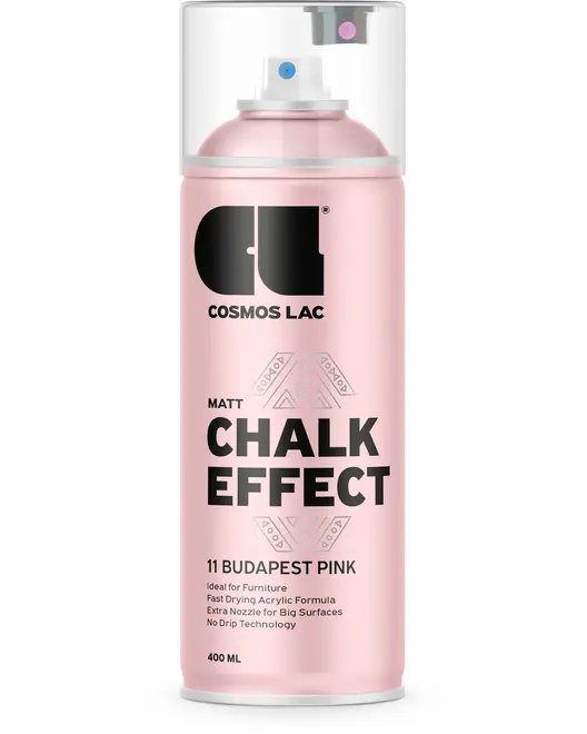 Mat lyserød spraymaling, 400 ml, mærket 'Chalk Effect' fra Cosmos Lac. Hurtigtørrende akrylformel, ekstra dyse til store overflader, drypfri teknologi. Ideel til møbler.
