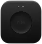 Sort, firkantet smart home-hub med afrundede hjørner, central cirkulær knap med 'hue', to små indikatorlys øverst, minimalistisk design, bruges til styring af Philips Hue-lys.