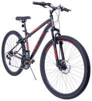 Svart och röd mountainbike med framdämpning, skivbromsar, grova däck, justerbar sadel och flera växlar. Passar för terrängcykling och tuffa underlag.