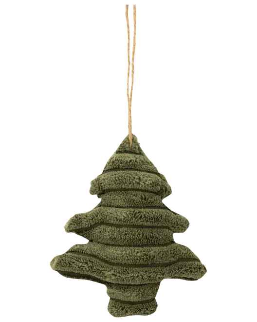 Grønt plyds juletræsornament med tekstureret, lagdelt design og ophængssnor i toppen. Blødt stof, velegnet til julepynt eller som gave.