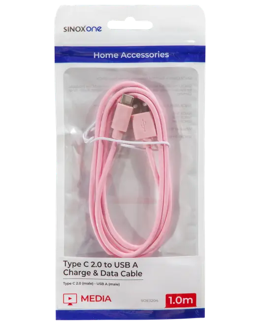 Lyserød Type C 2.0 til USB A oplade- og datakabel, 1 meter langt, han-til-han stik, pakket i klar plastpose til hjemmebrug.