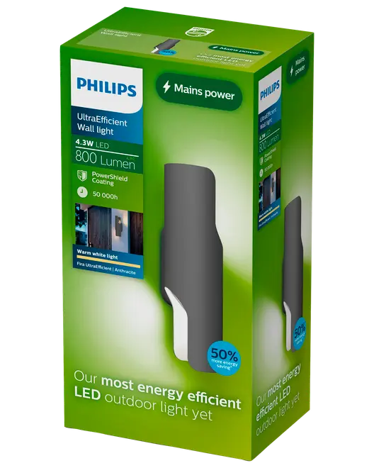 Philips UltraEfficient LED væglampe, 4,3W, 800 lumen, antracitfarve, PowerShield-belægning, tilsluttes elnettet, varmt hvidt lys, energibesparende, til udendørs brug, 50.000 timers levetid.