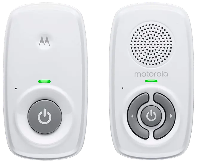Motorola babyvaktset, två vita enheter med strömknappar, LED-indikatorer, högtalargaller och kontrollknappar för volym och parkoppling. Kompakt och lättanvänt design.