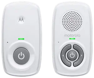 Motorola babyvaktset, två vita enheter med strömknappar, LED-indikatorer, högtalargaller och kontrollknappar för volym och parkoppling. Kompakt och lättanvänt design.