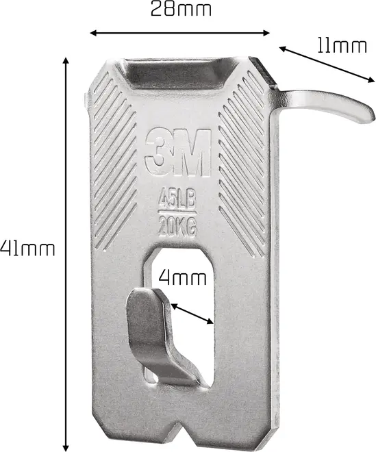 Metal vægkrog fra 3M, måler 41mm x 28mm x 11mm, med 4mm krogåbning. Egnet til ophængning af genstande op til 20kg. Holdbar, kompakt og nem at montere.