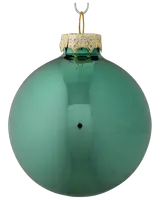 Rund, blank julgranskula i teal med dekorativt guldfäste och upphängningsögla. Slät glasyta, perfekt för granen eller dekoration. Enkel, elegant design för högtiden.