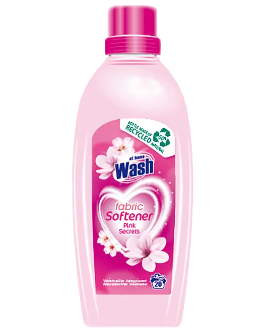 Lyserød flaske med at home Wash skyllemiddel, Pink Secrets, blomsterlabel og 20 vaske.