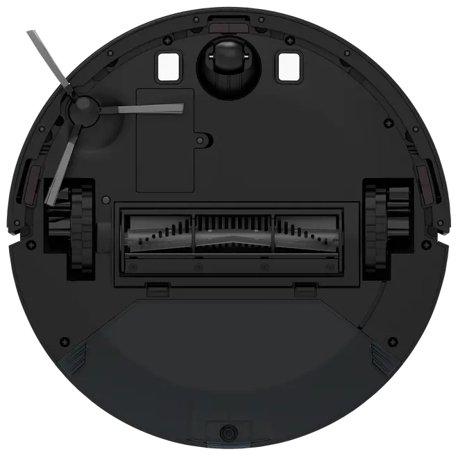 Bund af robotstøvsuger med sidebørste, hovedbørste, to hjul og sensorer til effektiv rengøring på forskellige gulvtyper.