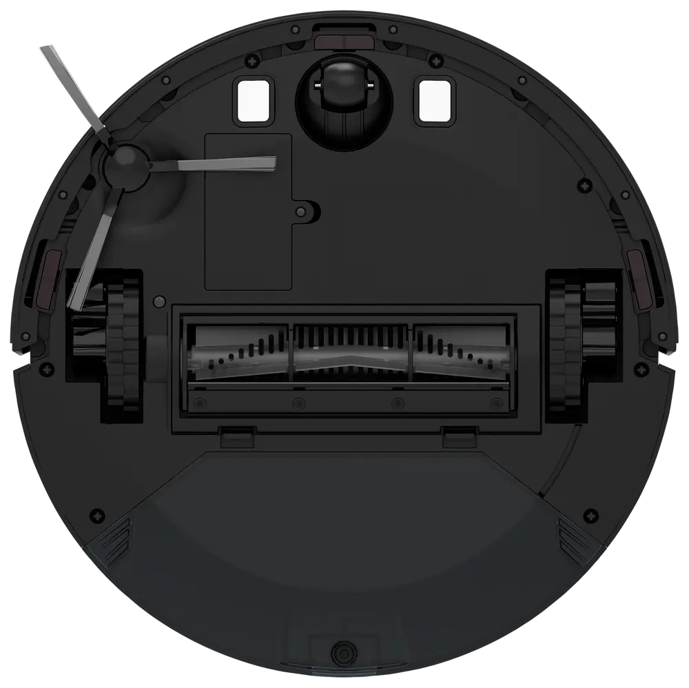 Bund af robotstøvsuger med sidebørste, hovedbørste, to hjul og sensorer til effektiv rengøring på forskellige gulvtyper.