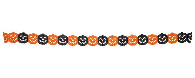 Papirguirlande med skiftevis orange og sorte græskaransigter, alle med smilende udtryk. Perfekt til Halloween-festpynt. Let og nem at hænge op.