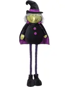 Halloween-heksedukke med sort spids hat, lilla detaljer, lange stribede ben, sort kappe og store sorte støvler.