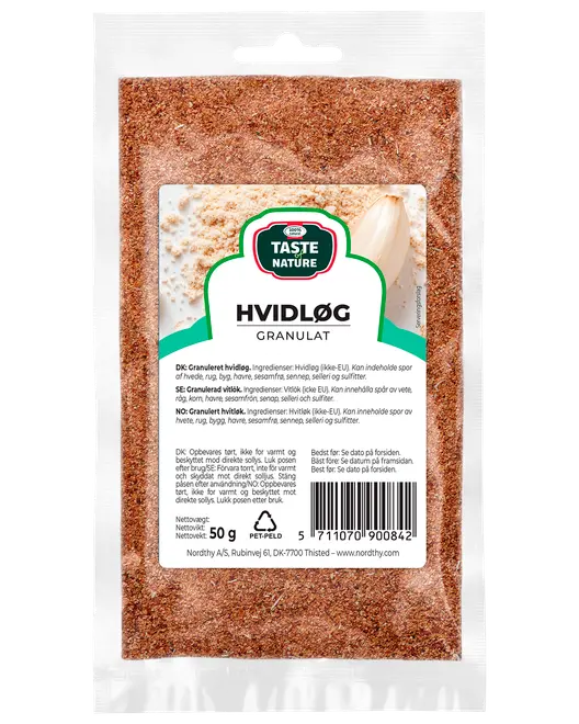 50g återförslutningsbar påse med Taste Nature vitlök granulat. Fina, torra vitlöksgranulat för kryddning, förpackade i klar plastpåse med produktinformation och streckkod.