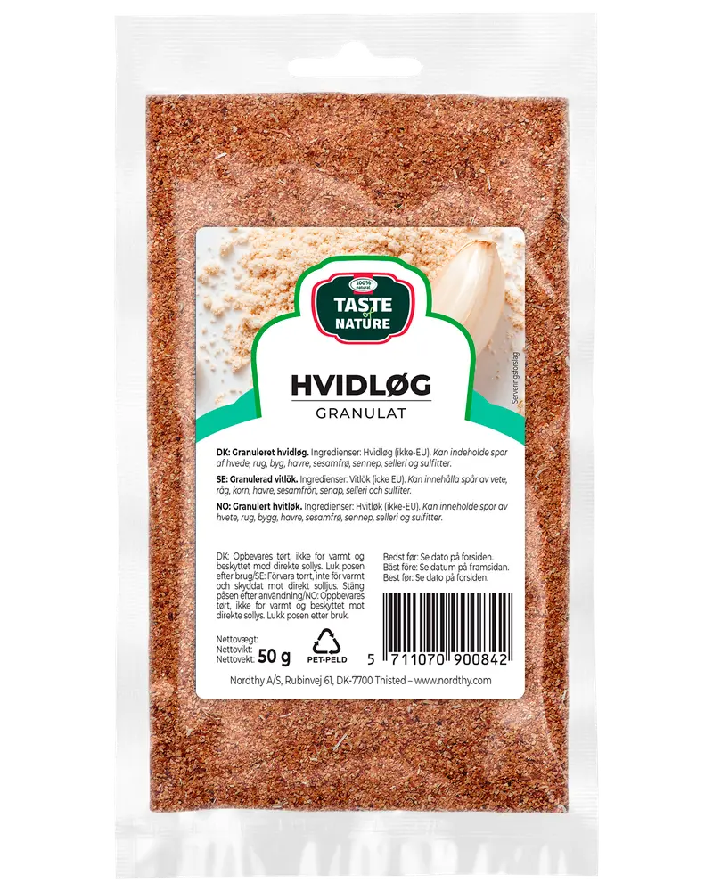 50g återförslutningsbar påse med Taste Nature vitlök granulat. Fina, torra vitlöksgranulat för kryddning, förpackade i klar plastpåse med produktinformation och streckkod.