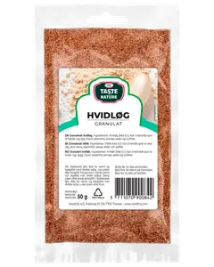 50g återförslutningsbar påse med Taste Nature vitlök granulat. Fina, torra vitlöksgranulat för kryddning, förpackade i klar plastpåse med produktinformation och streckkod.