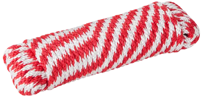 Rödvit tvinnad nylonsnöre, prydligt rullad. Hållbar och lätt, passar för camping, säkring eller pyssel. Cirka 10 meter lång.