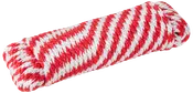 Rød og hvid snoet nylonsnor, pænt rullet sammen. Holdbar og let, velegnet til camping, fastgørelse eller hobbybrug. Måler cirka 10 meter i længden.