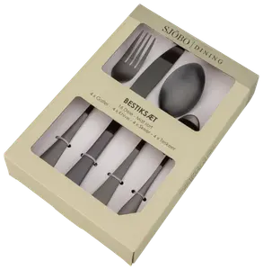 Bestiksæt i mat sort, 16 dele: 4 gafler, 4 knive, 4 skeer, 4 teskeer. Leveres i beige æske med gennemsigtige vinduer til bestik.