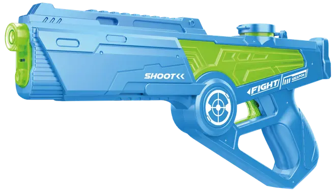 Blå og grøn plastik vandpistol med ergonomisk greb, aftrækker og futuristisk design. Har teksten "SHOOT" og "FIGHT". Let og nem at håndtere til udendørs leg.
