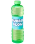 Grøn gennemsigtig sæbebobleflaske med blå "Bubble Blow"-etiket og skruelåg.