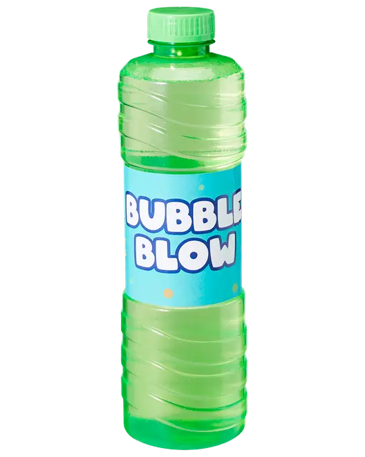 Grøn gennemsigtig sæbebobleflaske med blå "Bubble Blow"-etiket og skruelåg.