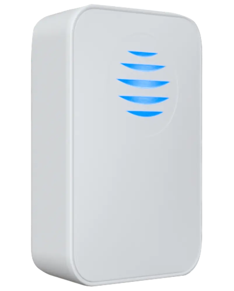Hvid elektronisk skadedyrsbekæmper med rektangulær form, afrundede kanter og blå LED-indikatorlys på fronten. Kompakt design til standard stikkontakter.