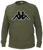 Olivengrøn sweatshirt med rund hals, lange ærmer og ribkanter. Stor sort og hvid Kappa-logo med to siddende figurer ryg mod ryg på brystet.
