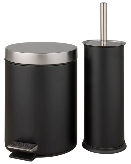 Sæt med mat sort pedalspand med låg i rustfrit stål og matchende toiletbørsteholder, begge med moderne cylindrisk design, ideelle til badeværelset.