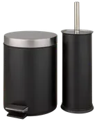 Set med matt svart pedalhink med lock i rostfritt stål och matchande toalettborsthållare, båda med modern cylindrisk design, perfekta för badrummet.