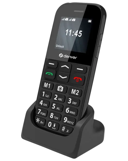 Simpel mobiltelefon med store knapper, tydeligt display og ladestation. Har genvejstaster, kameraknap og letlæseligt tastatur, ideel til ældre eller brugere med basale behov.
