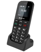 Simpel mobiltelefon med store knapper, tydeligt display og ladestation. Har genvejstaster, kameraknap og letlæseligt tastatur, ideel til ældre eller brugere med basale behov.