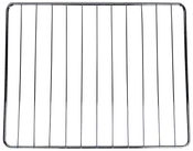 Rektangulær ovnrist i krom med parallelle metalstænger, designet til at passe i standardovne og holde bageplader eller gryder sikkert under madlavning.