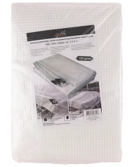 Pakket hvid forstærket presenning, 4 x 6 m, 120 g/m², med gitterstruktur og produktetiket.