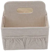 Rektangulær opbevaringskurv i beige stof med håndtag og elastiske lommer foran. Perfekt til organisering af husholdningsartikler. Robust og passer til forskellige boligindretninger.