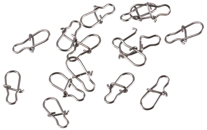 Set med små, silverfärgade metallfiskesnaps för snabb fastsättning och byte av beten eller krokar. Hållbara, rostbeständiga och passar olika fiskesituationer.