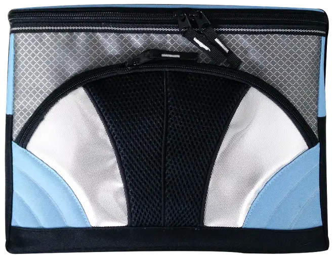 Rektangulär väska med dragkedja, silver-, svart- och blå paneler, nätficka framtill och två huvudfack. Slitstarkt tyg, perfekt för dokument eller tillbehör.
