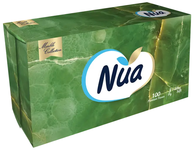 Æske med Nua Marble Collection lommetørklæder, grøn marmordesign, indeholder 100 premium 3-lags servietter, silkeblød tekstur, rektangulær form, egnet til hjem eller kontor.