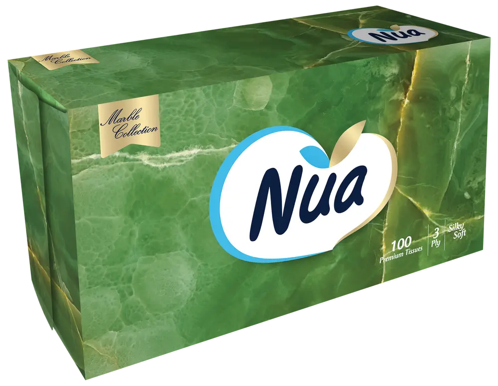 Nua Marble Collection näsdukslåda, grön marmordesign, innehåller 100 premium 3-lagers näsdukar, silkeslen yta, rektangulär form, passar hem eller kontor.