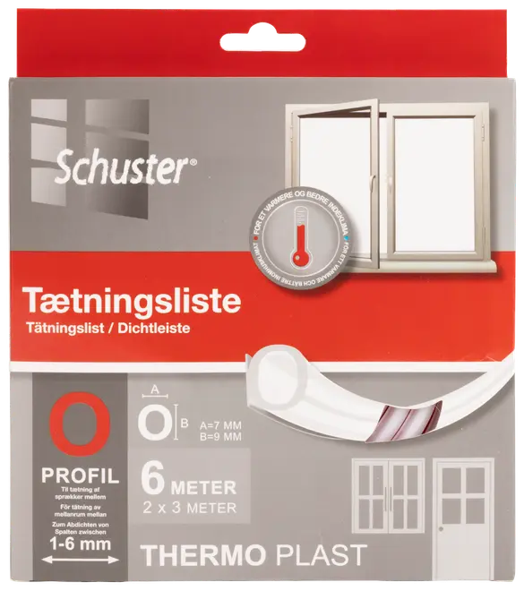 Schuster tætningsliste, O-profil, termoplast, 6 meter (2 x 3m), til tætning af sprækker 1-6mm i vinduer og døre, hvid farve, velegnet til isolering.