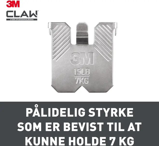 3M CLAW billedophæng i metal, sølvfarvet, kan bære op til 7 kg. Robust, rillet design for sikker vægmontering. Kompakt og holdbar konstruktion.