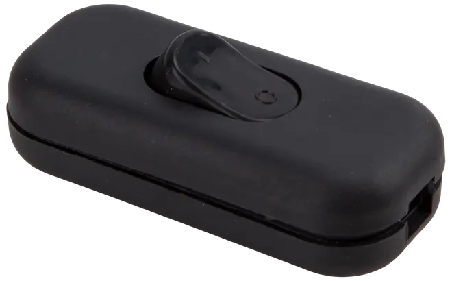 Svart inline vippströmbrytare för lampor eller apparater, rektangulär med rundade kanter, enkel på/av-knapp, passar sladdanslutna enheter, kompakt och lätt att installera.