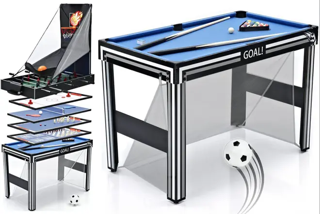 Multispilbord med udskiftelige overflader til pool, basketball, bordfodbold, air hockey og fodbold. Inkluderer tilbehør som køer, bolde og net. Robust design med sorte og hvide striber.