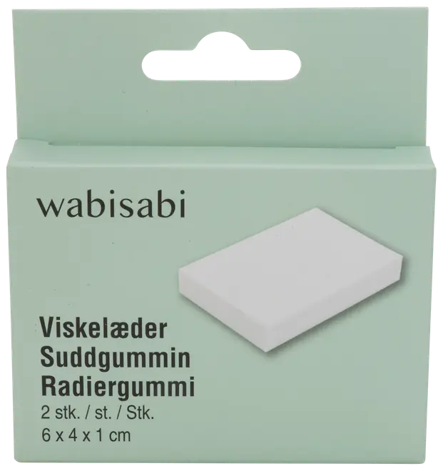 Förpackning med 2 rektangulära vita suddgummin, varje 6 x 4 x 1 cm, i ljusgrön ask märkt 'wabisabi'. För blyertspenna.