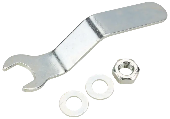 Metallnyckel med vinklat handtag, med en sexkantsmutter och två platta brickor. Passar för montering eller underhåll, alla delar är silverfärgade och av stål.