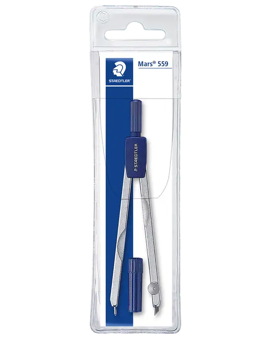 Staedtler Mars 559 metaltegnepasser i klar plastophængspakning med blå detaljer og beholder til reservebly.