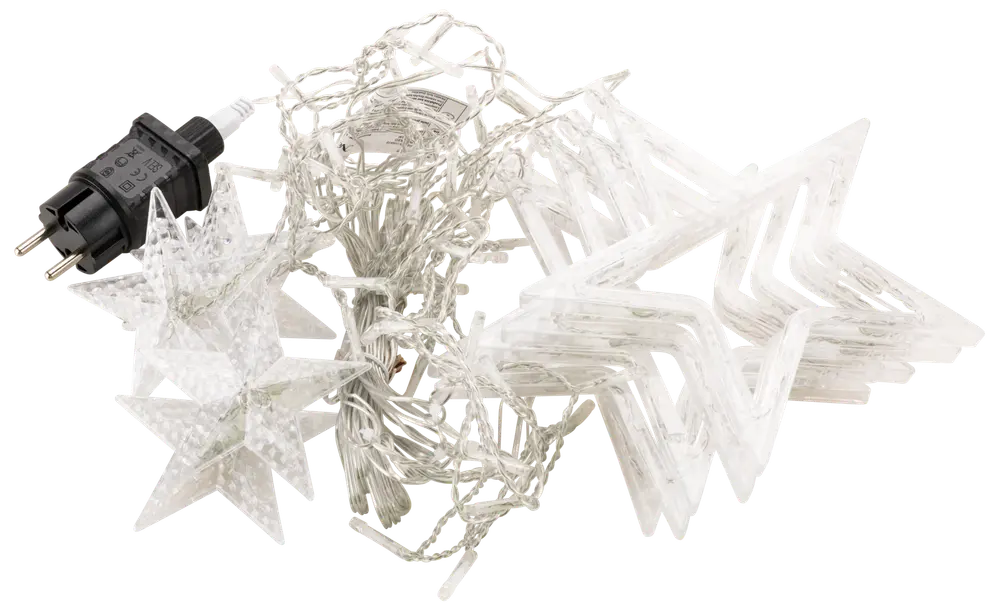 Ljusslinga med stjärnformade LED-lampor, transparenta plastskydd och kontakt. Passar för inomhusdekoration. Stjärnorna är klara och jämnt placerade på en tunn tråd.