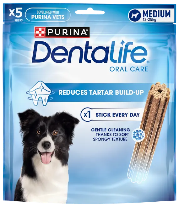 Purina Dentalife Oral Care tuggpinnar för hund, medium (12-25 kg), 5 st. Minskar tandsten, mjuk svampig textur, daglig tandvård.